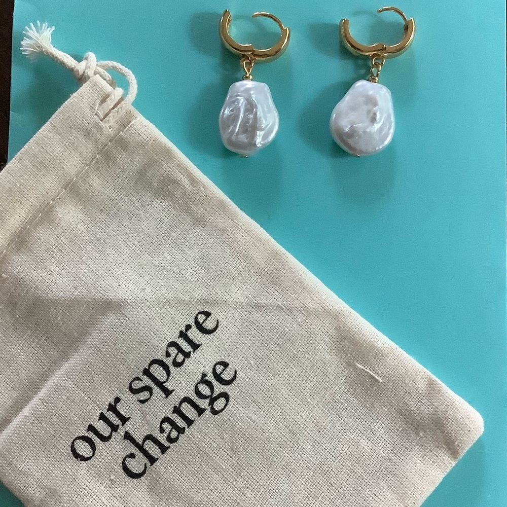 Our Spare Change 18k, gold-plated brass, freshwater pearl earrings. - Picture 2 of 5